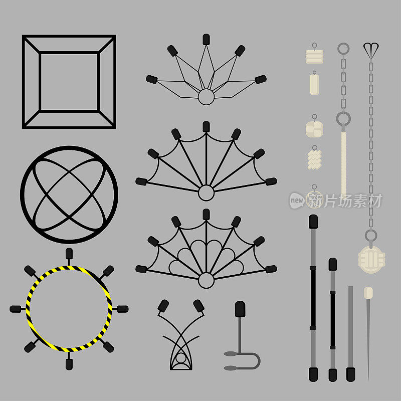 Flat design elements of fire show. Set with accessories and equipment. Flame circus Instrument isolated. devices. Fans, stuff and poi